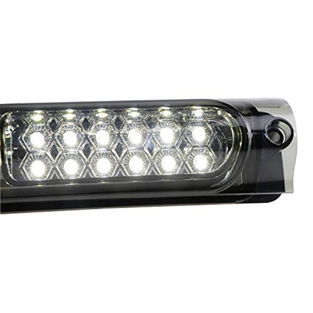 Close-up LED light bar with smoke lens and chrome trim; white LED grid