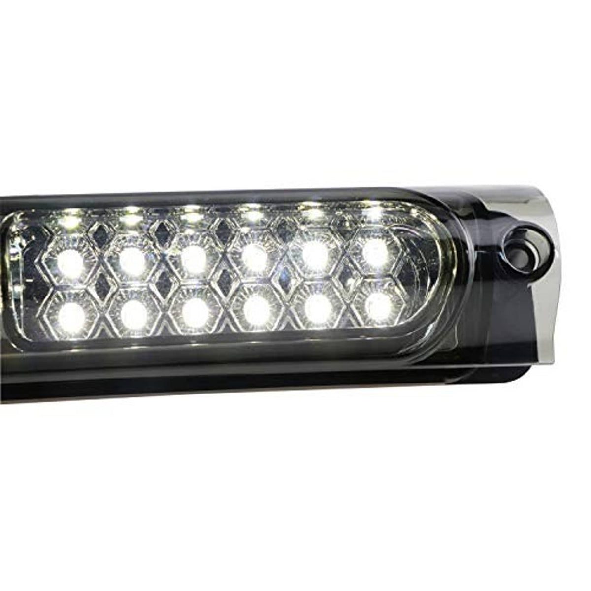 Close-up LED light bar with smoke lens and chrome trim; white LED grid
