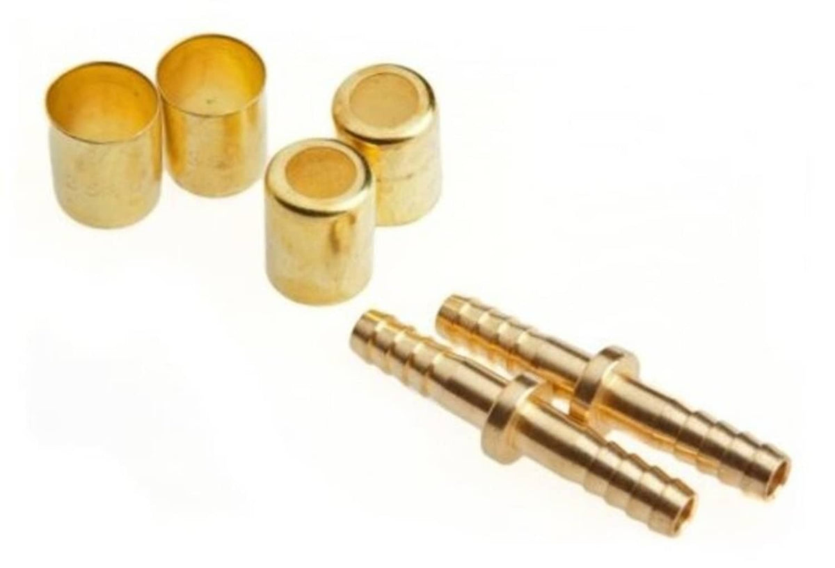 Brass hose splicer sleeves with two barbed connector ends