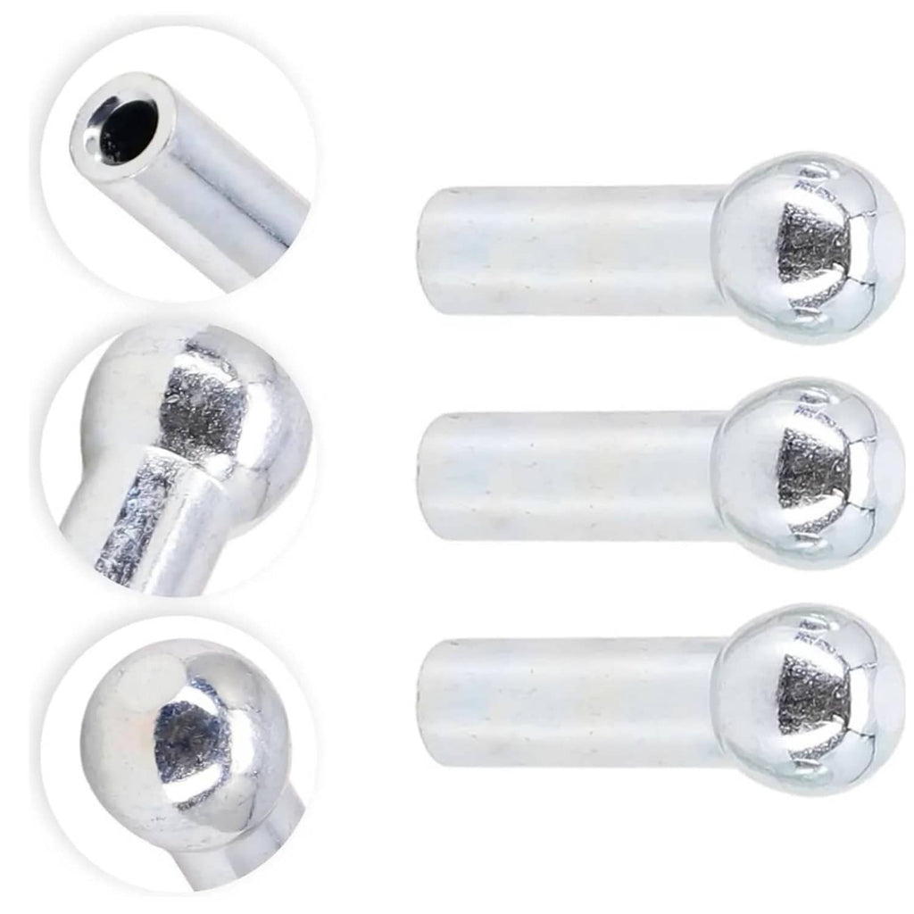 Silver cable ball stopper pins, ball heads on short cylindrical shafts.
