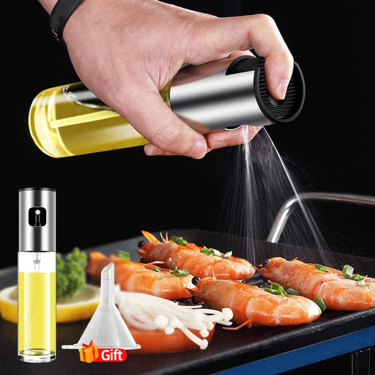Handheld stainless steel oil sprayer misting yellow liquid over grilled food