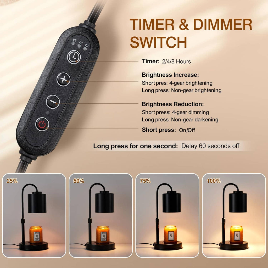 Black handheld timer and dimmer remote for candle warmer lamp with buttons