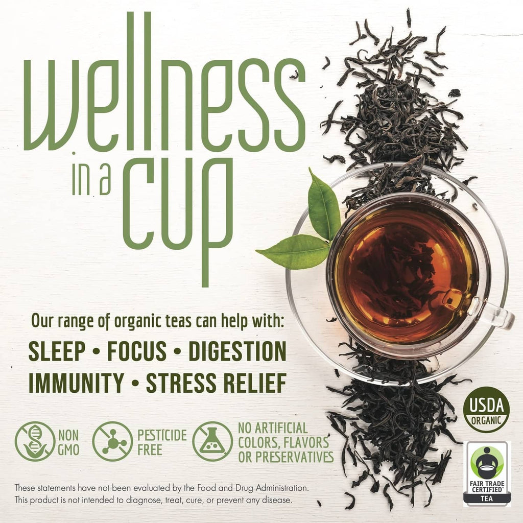 Organic tea promotional graphic with cup of tea, loose leaves, and USDA organic badge