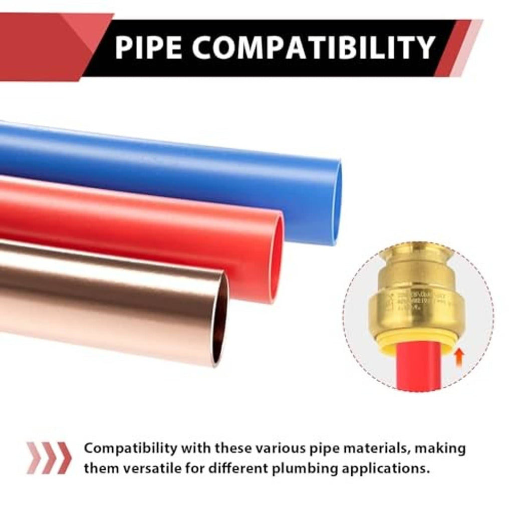 Brass plug end cap fitting for multiple pipe materials, shown with colored pipes
