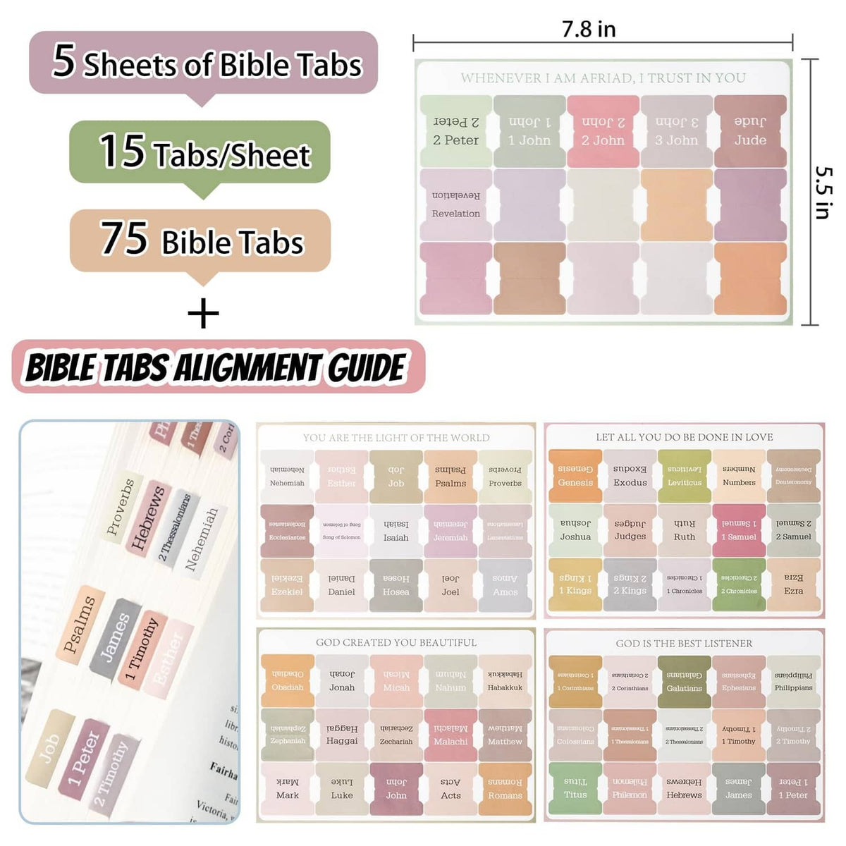 Laminated Bible index tabs set with 75 self-adhesive tab strips and color-coded labels