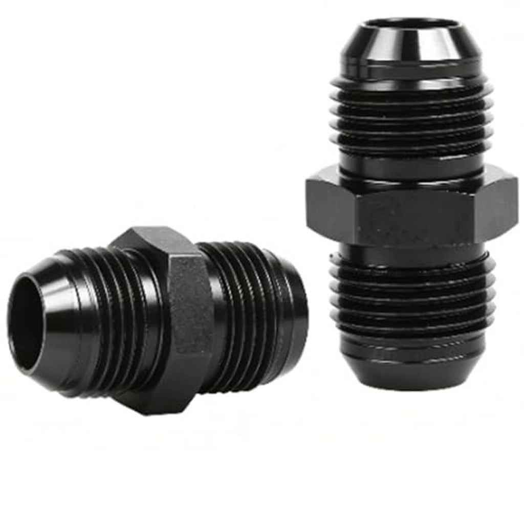 Pair of black AN flare male fuel hose adapters, hex bases, ridged threads, straight ends