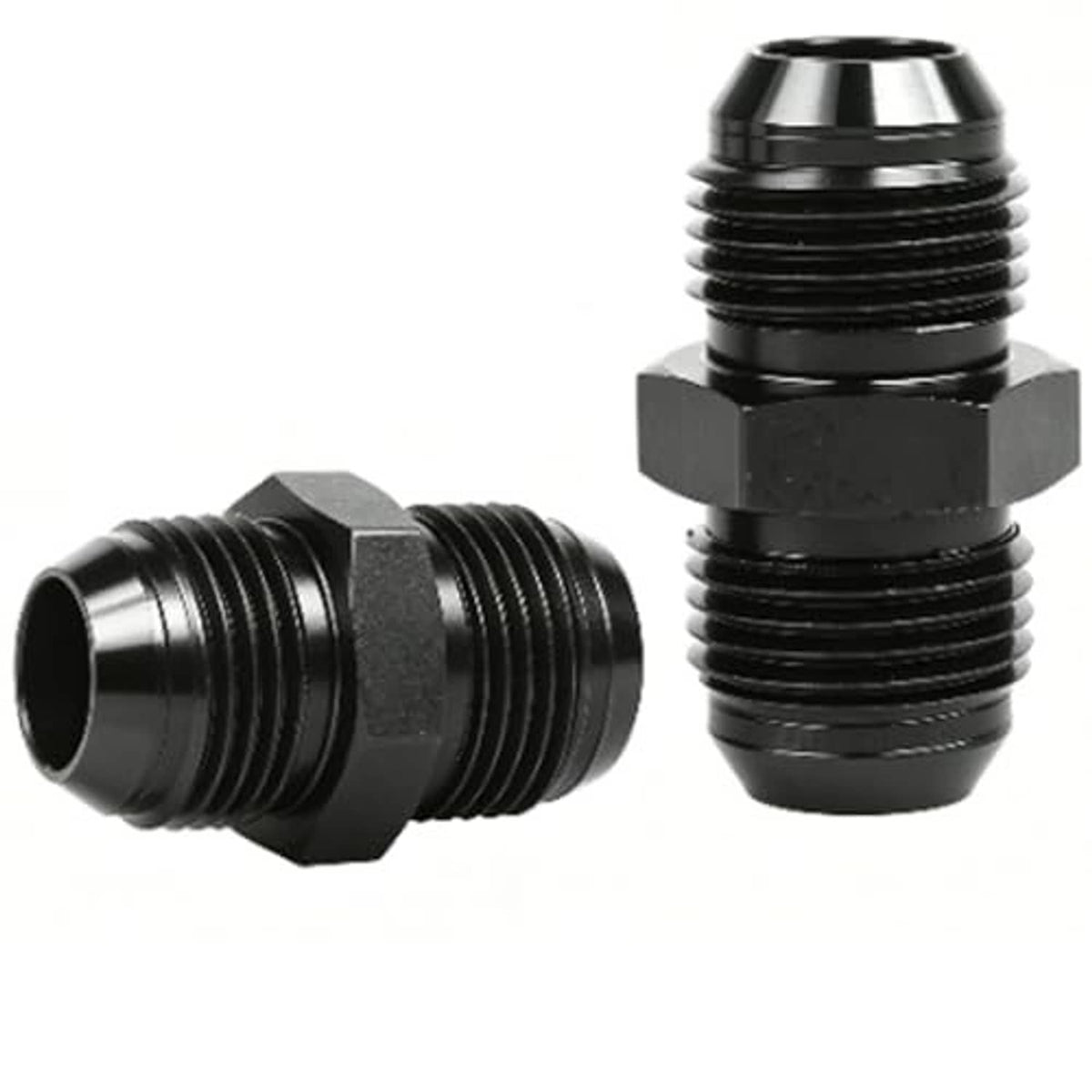 Pair of black AN flare male fuel hose adapters, hex bases, ridged threads, straight ends