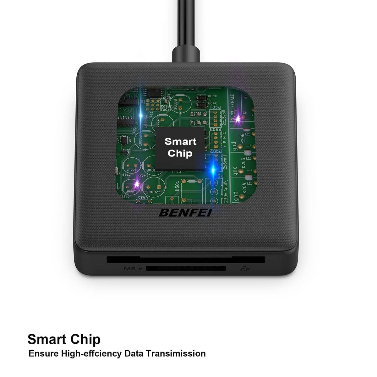 Benfei card reader with visible circuit board “smart chip” design on black housing