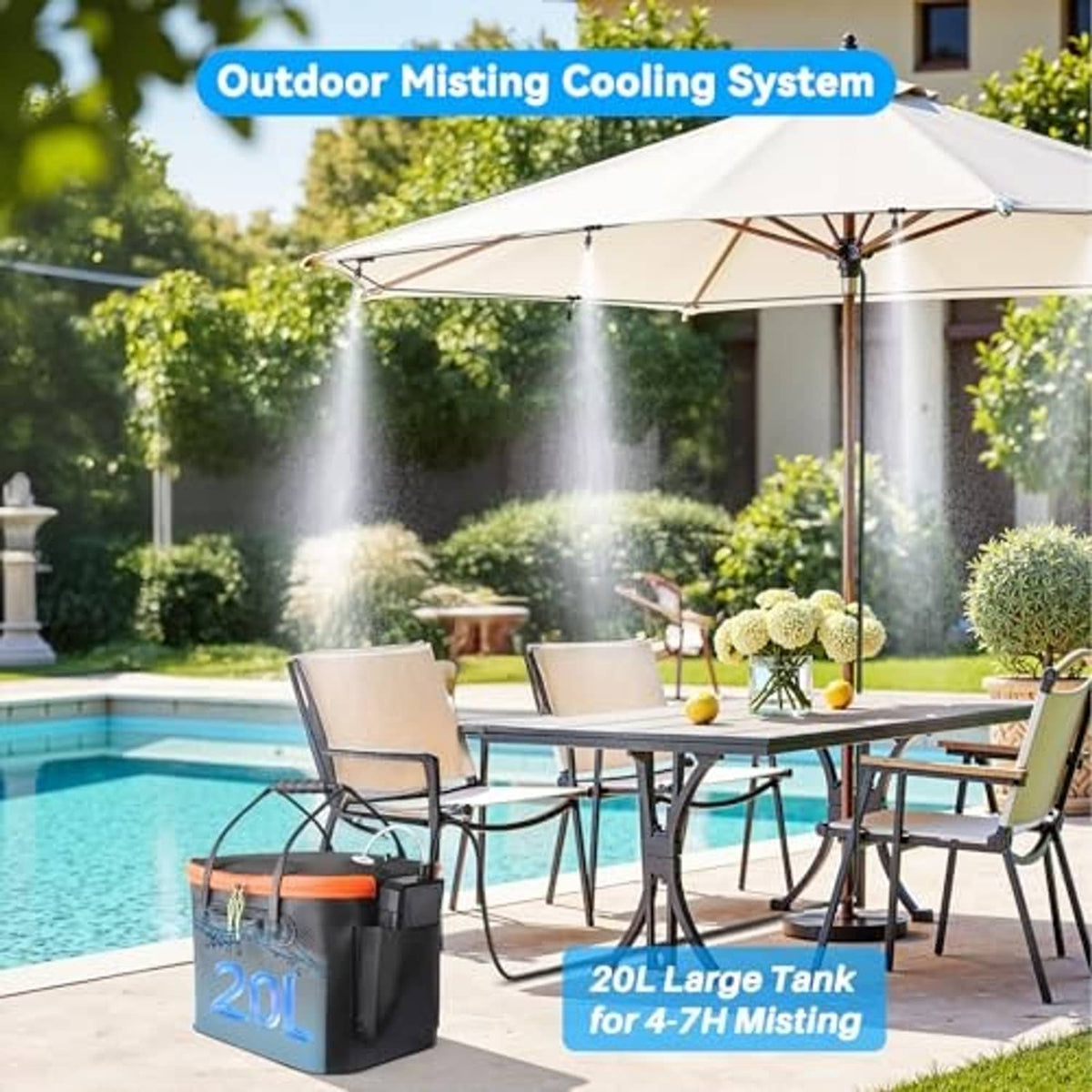 Outdoor patio misting system with water spray over chairs and a portable 20L tank
