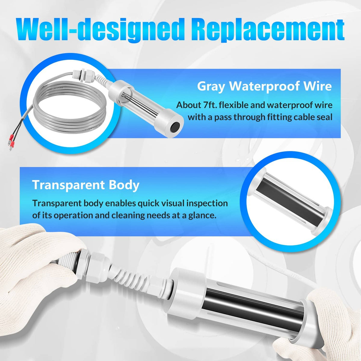Salt cell replacement with gray waterproof wire and clear transparent electrode housing