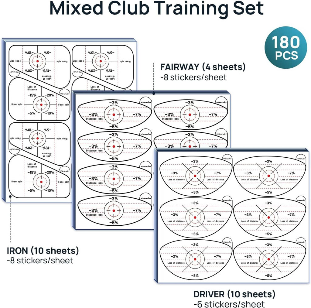 Mixed golf club training sticker set box with 180 pieces for iron, fairway, and driver