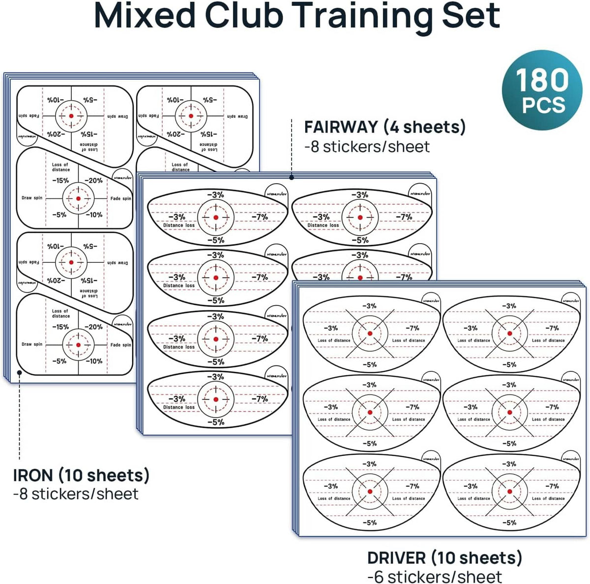Mixed golf club training sticker set box with 180 pieces for iron, fairway, and driver