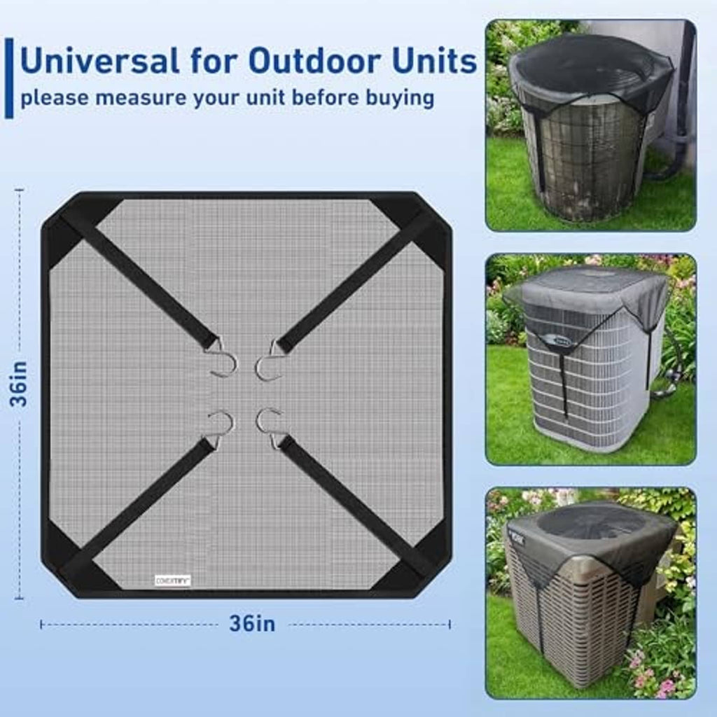 Outdoor AC condenser cover, 36x36 in size guide and tie straps shown