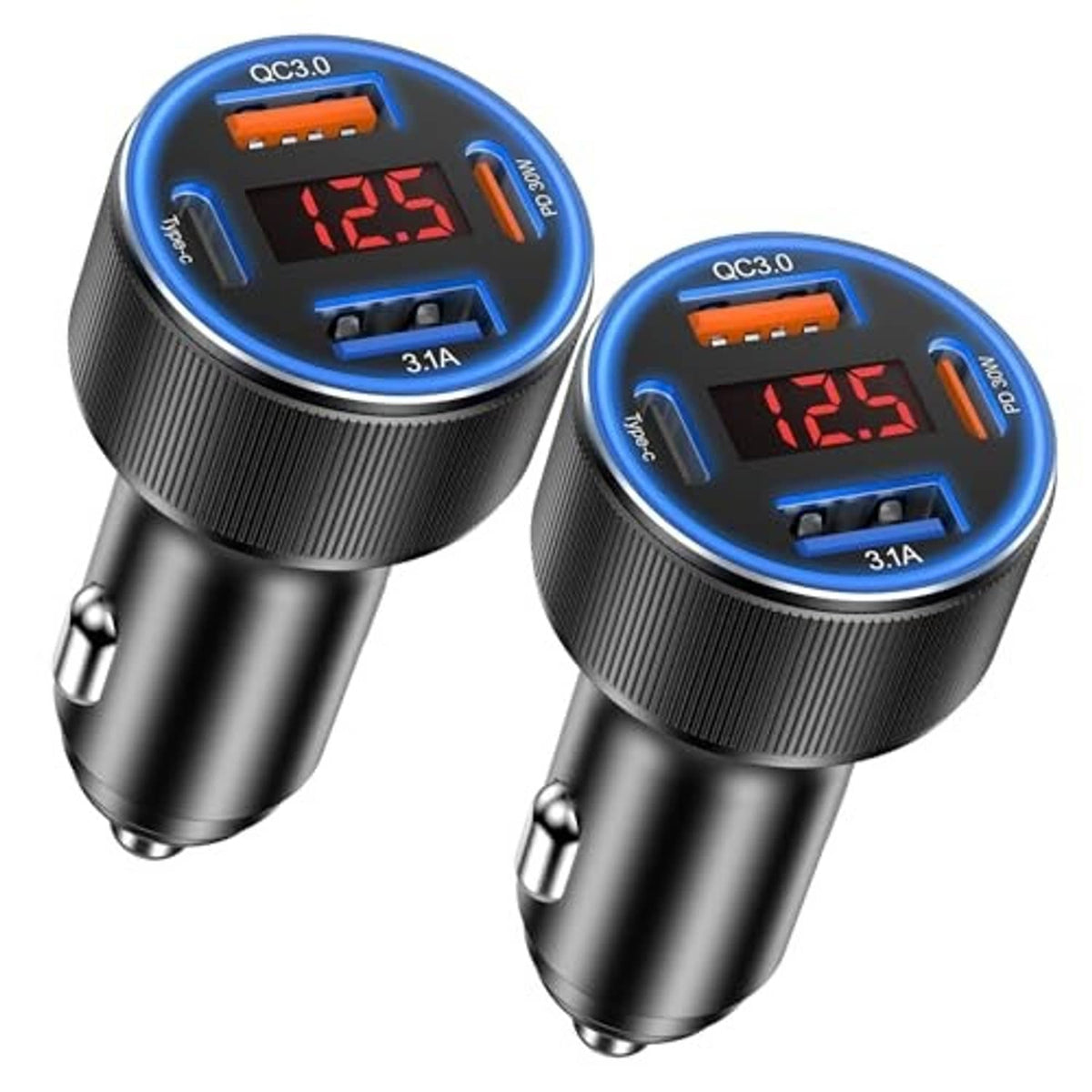 Two black car USB-C chargers, blue LED rings lit, digital 12.5V readout on each.