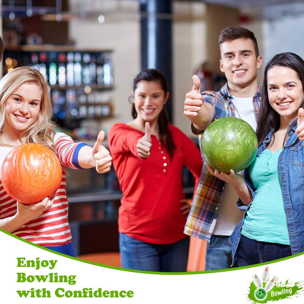 Group holding bowling balls with black tape on finger and thumb areas