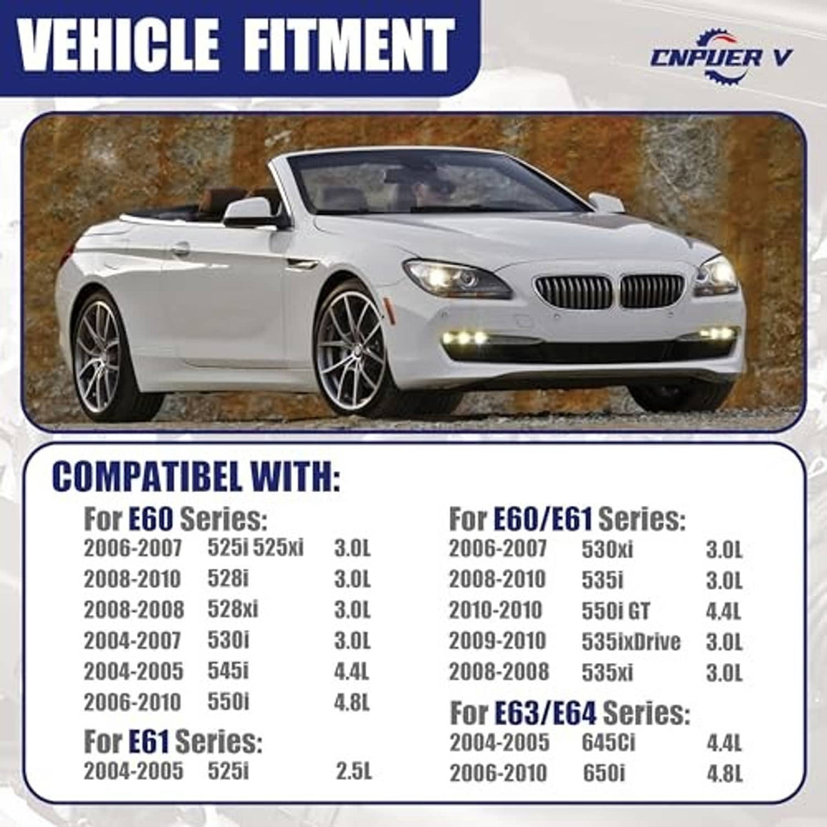 Vehicle fitment compatibility graphic with front-view BMW and listed E-series models