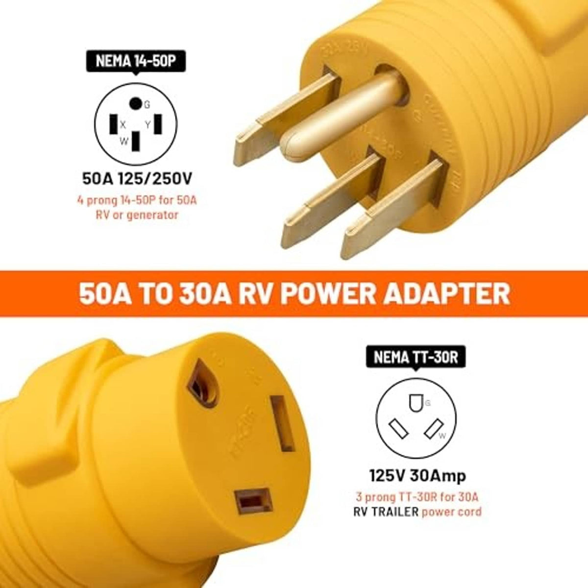 Yellow NEMA 14-50P to TT-30R RV power adapter with 4-prong and 3-prong ends