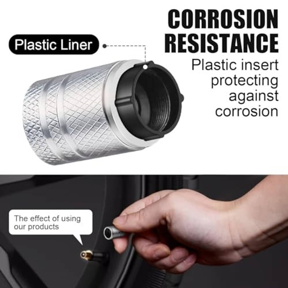 Silver metal tire valve stem cap with black interior insert and diamond texture