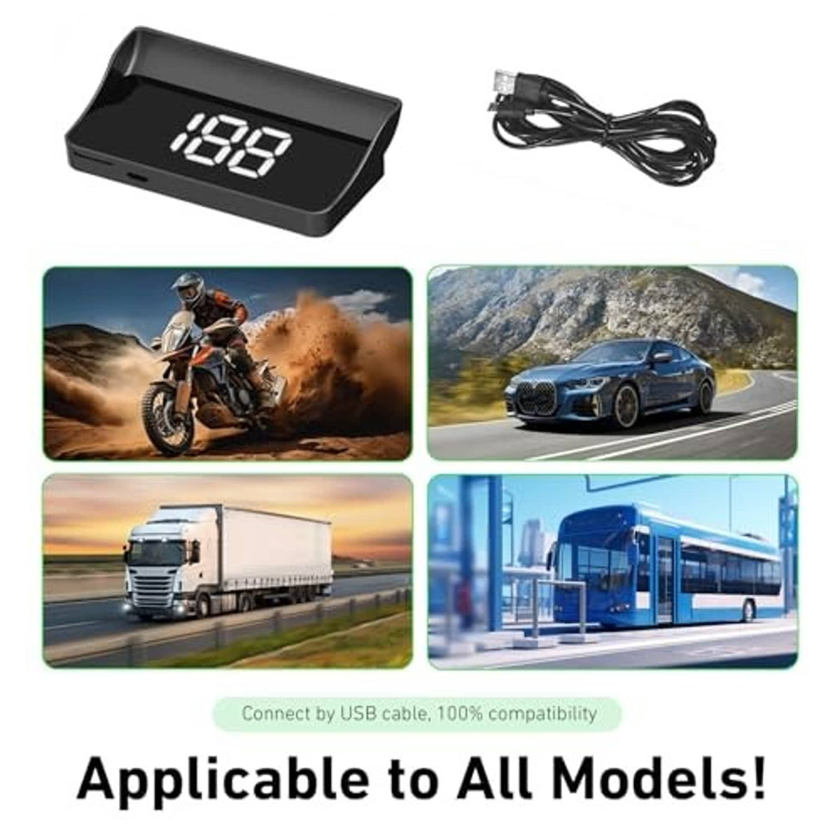 Car HUD unit with white digital speed readout and included USB cable