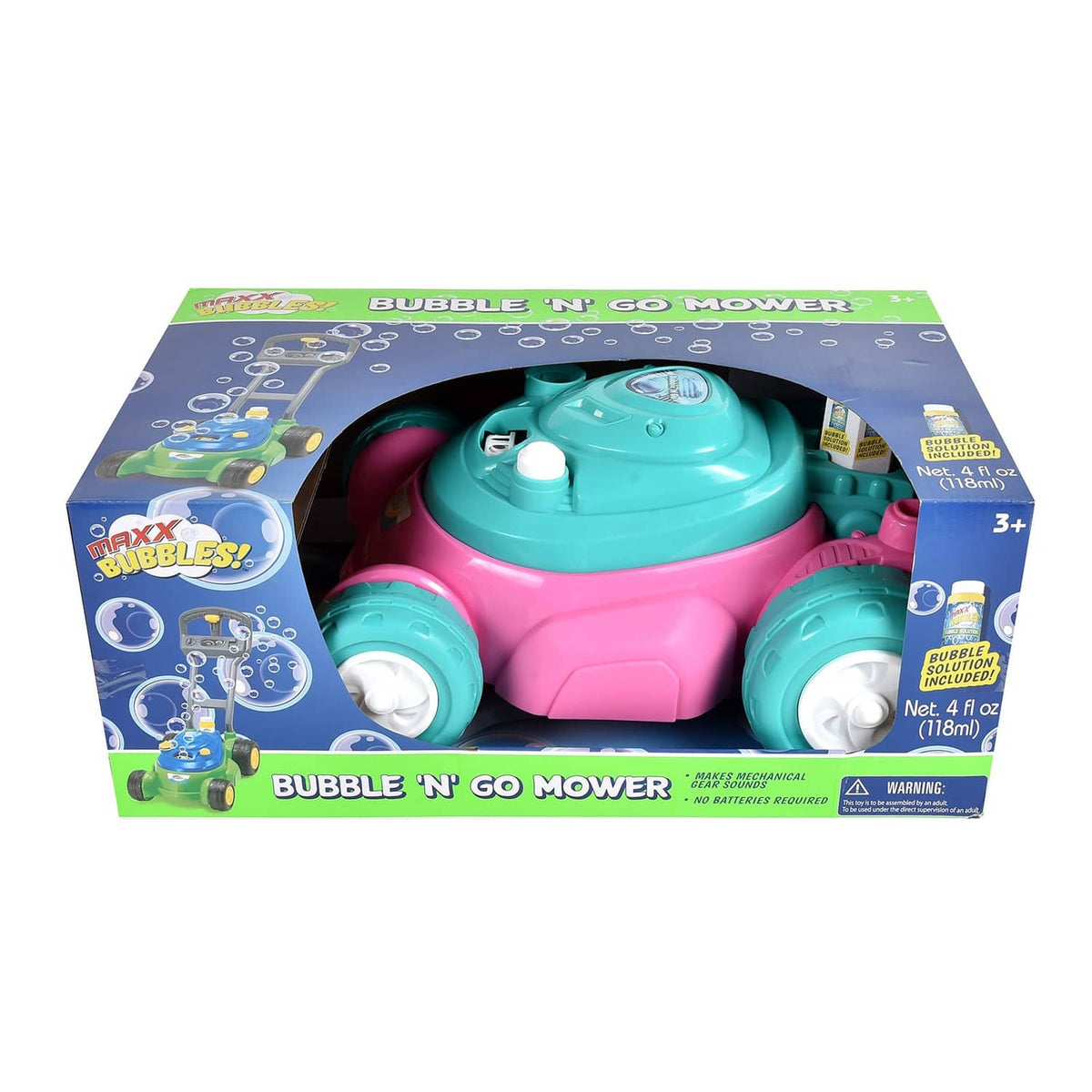 Bubble 'n' go mower toy in retail box, teal top and pink body with white wheels.