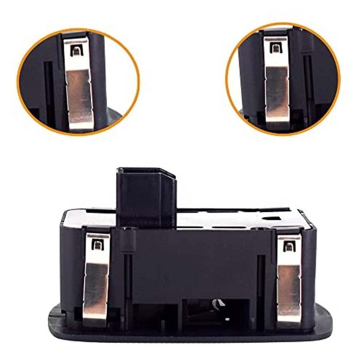 Black power window switch with exposed metal terminals on the back