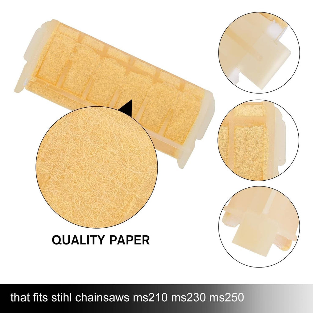 Air filter kit with tan paper media quality view and plastic housing close-up.