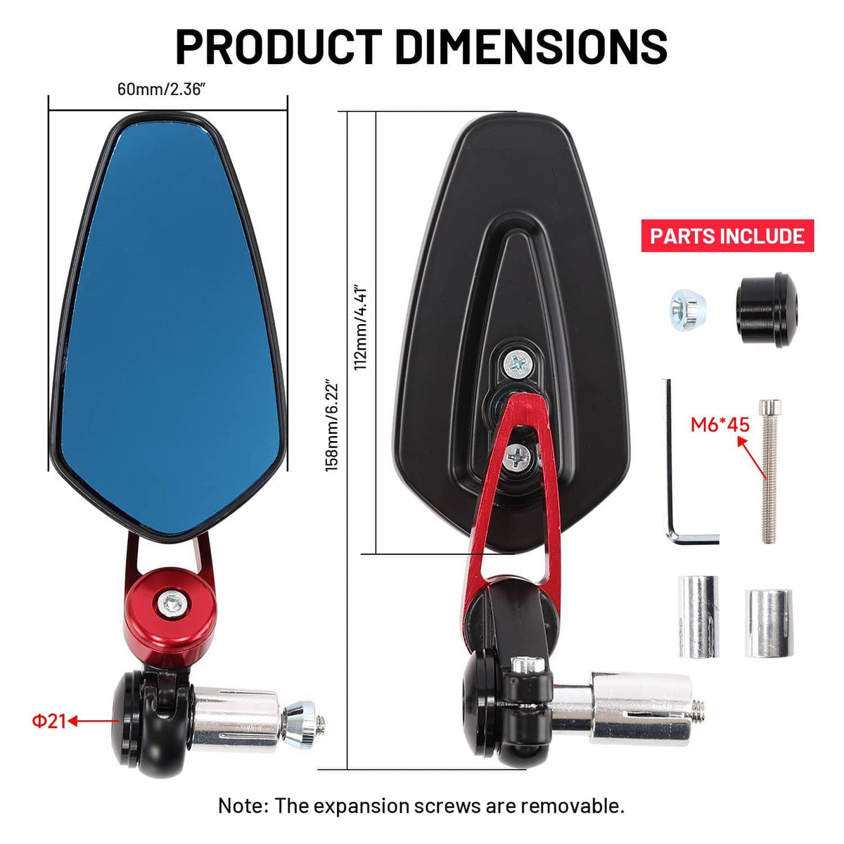 Handlebar-end mirror dimensions diagram with blue lens and red-black mounting hardware