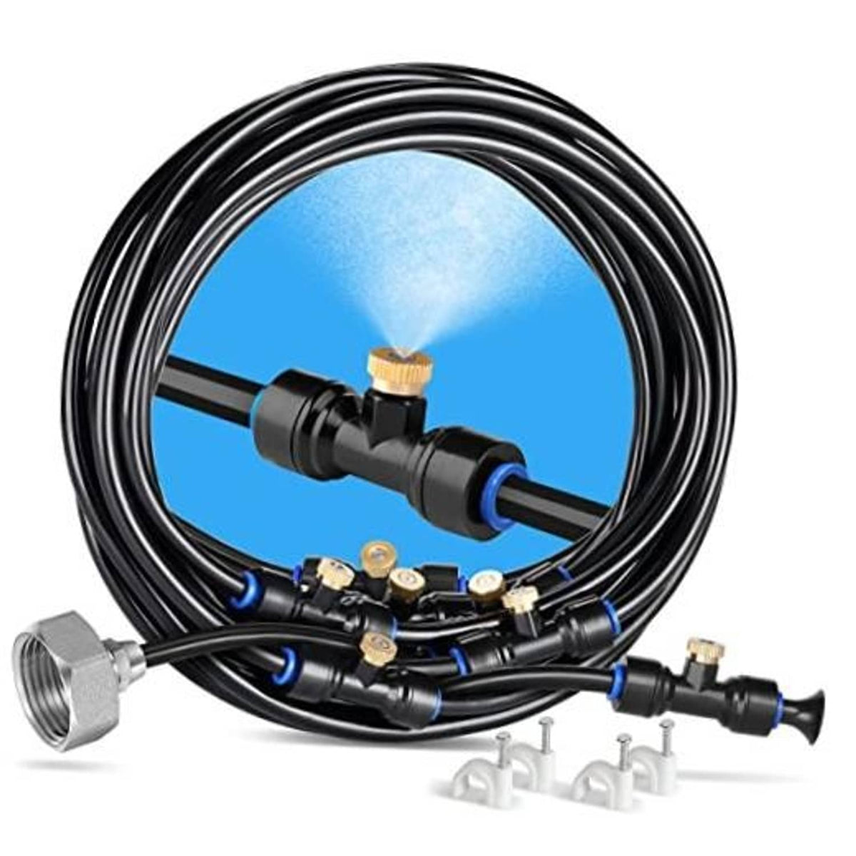 Black misting hose line with brass nozzles and fittings