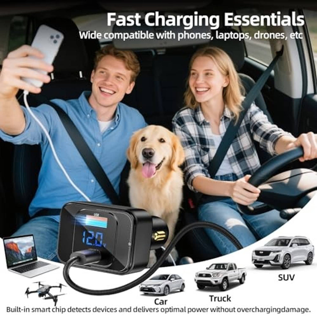 Black car fast charger with LED display and coiled cable, mounted near dashboard ports