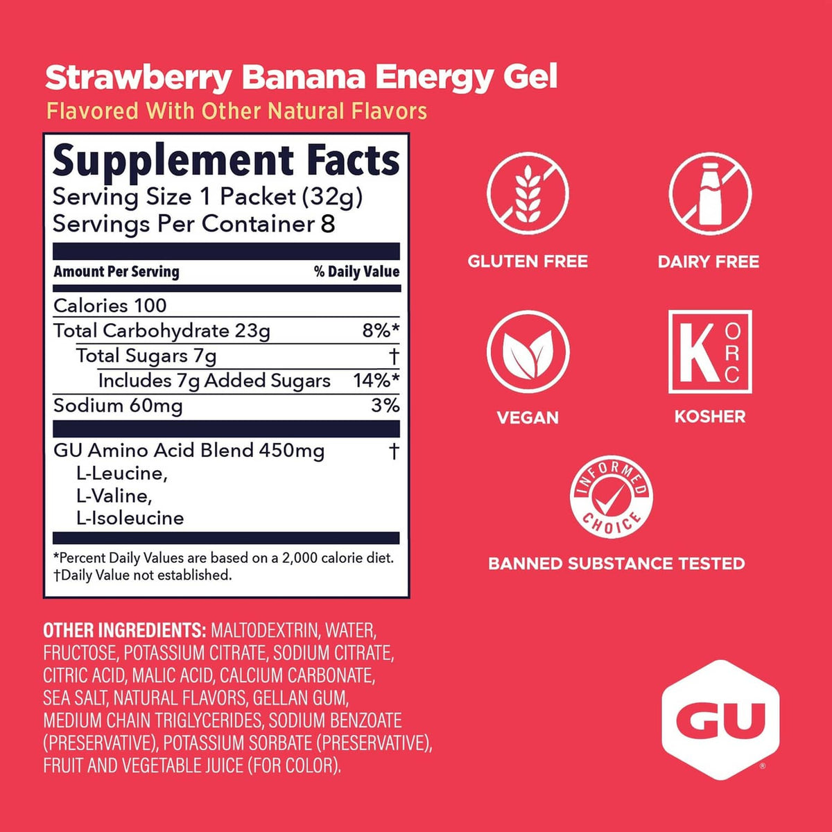 Strawberry banana energy gel supplement facts panel with vegan and gluten-free icons