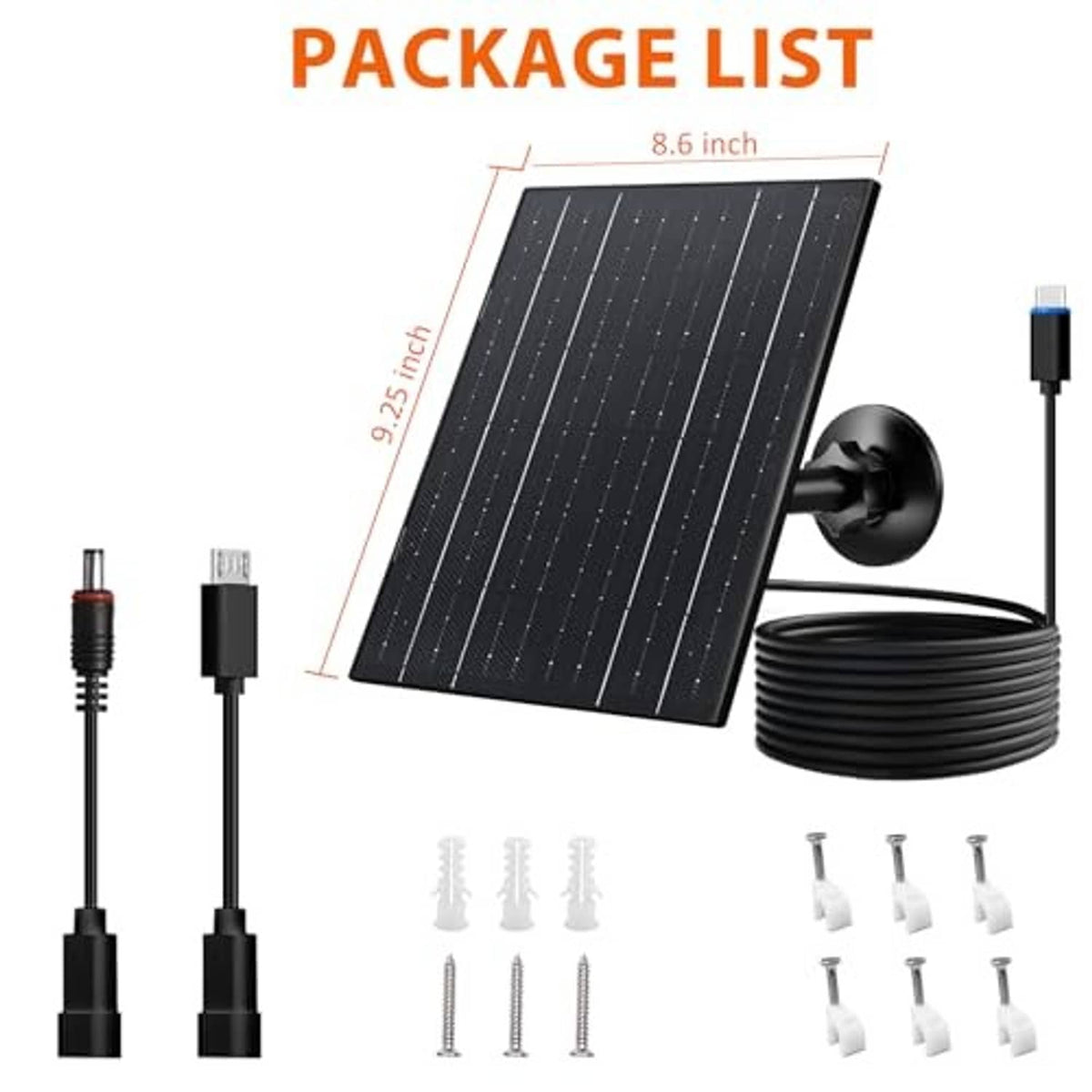 Black solar panel kit with suction mount, USB-C and Micro USB cables, mounting parts
