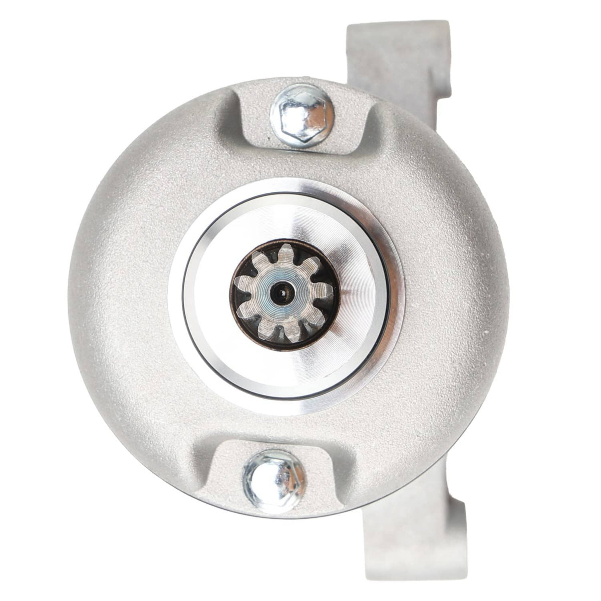Starter motor assembly front cover with mounting bolts and central fastener detail