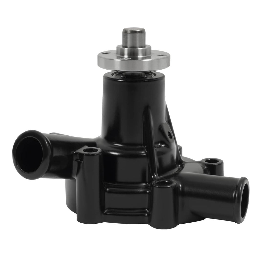Water pump with glossy black body, silver top shaft, and side hose connections