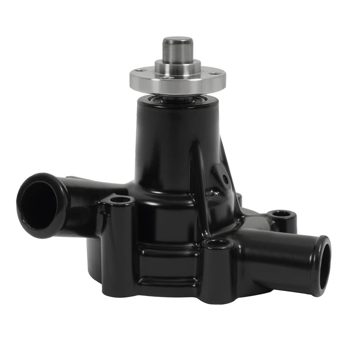 Water pump with glossy black body, silver top shaft, and side hose connections