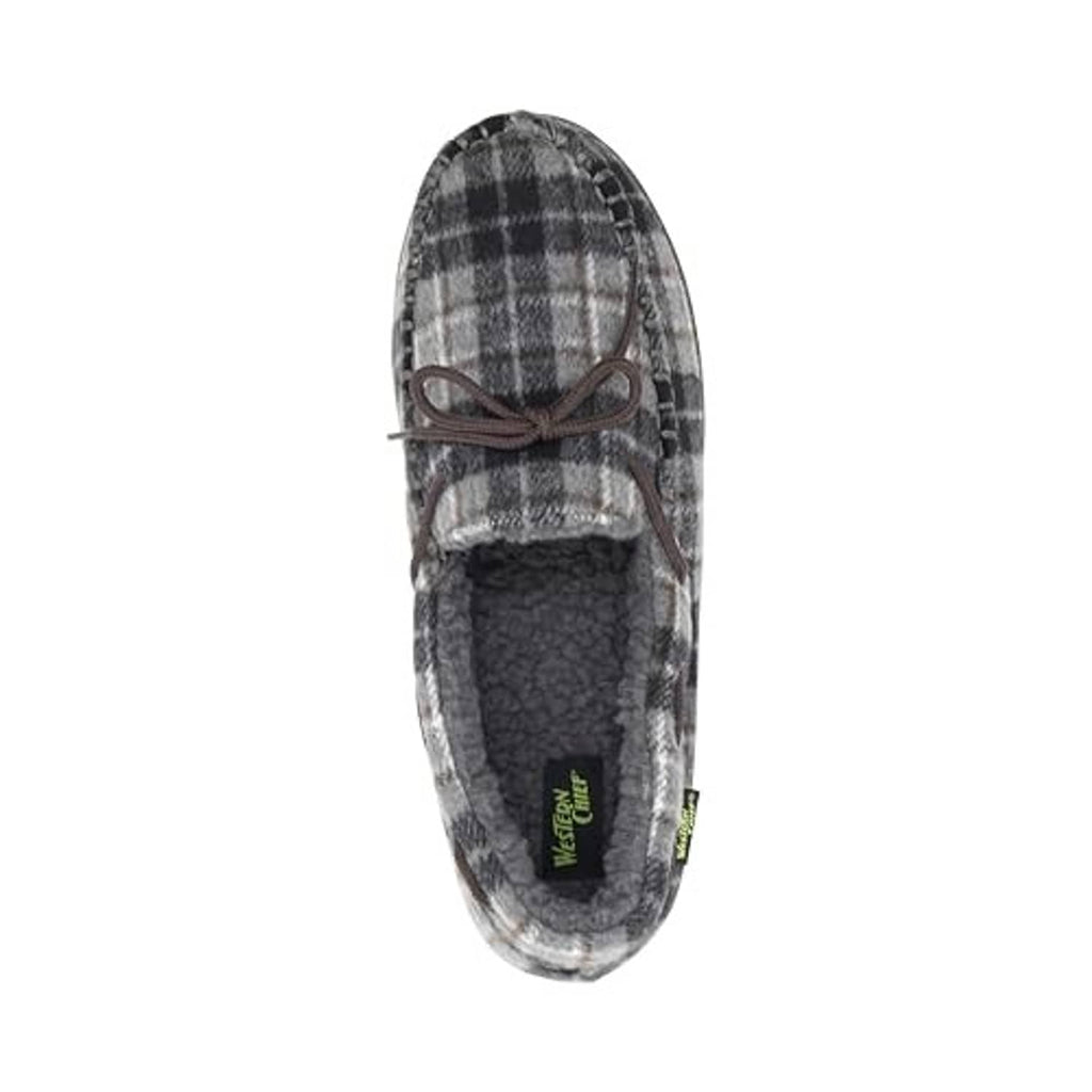 Moccasin slipper interior with grey plaid fabric and dark fleece lining