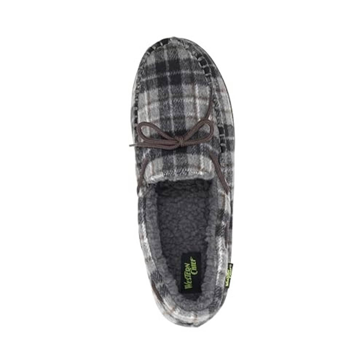 Moccasin slipper interior with grey plaid fabric and dark fleece lining