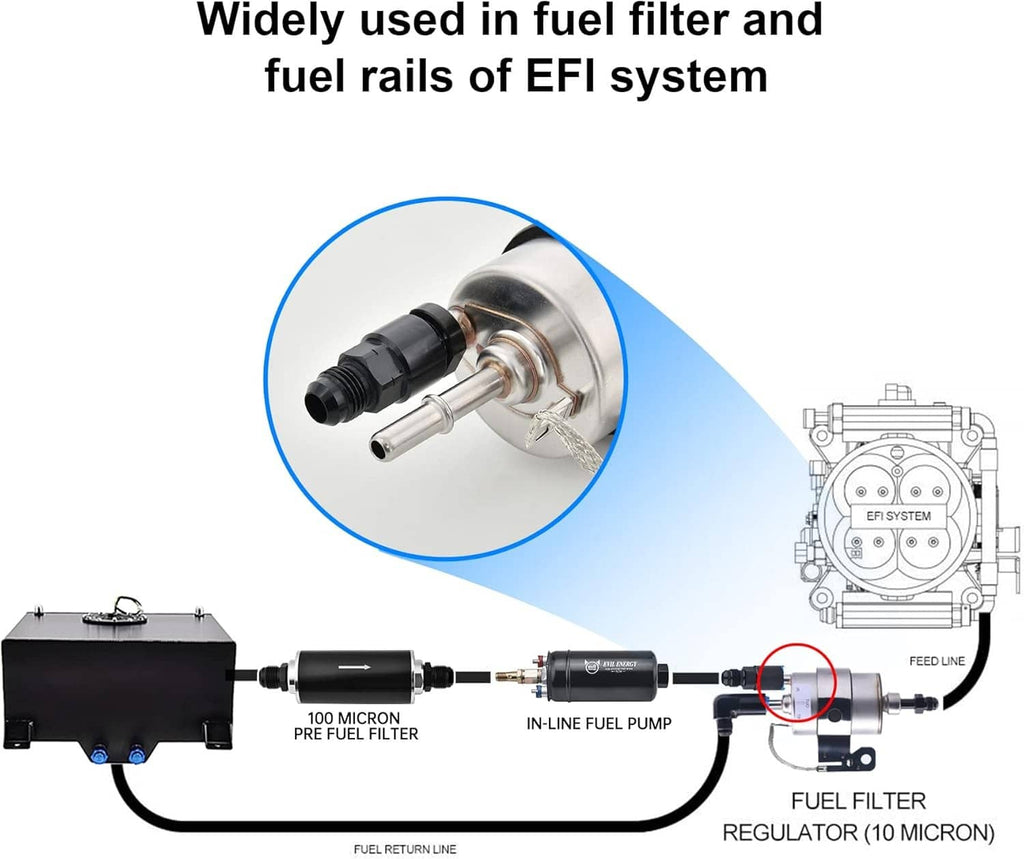 Black 6AN EFI fuel system adapter fitting for fuel filter and fuel rail