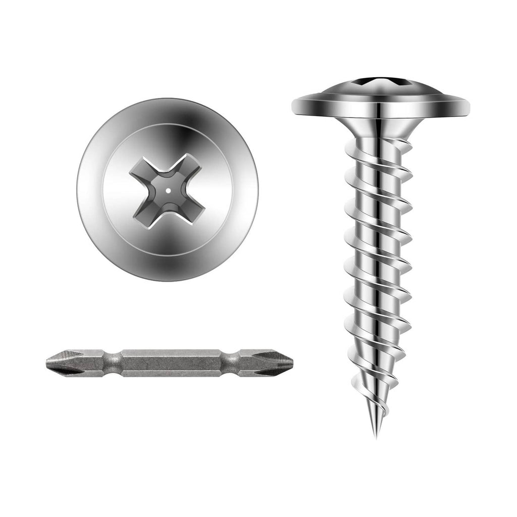 Stainless steel self-drilling screw with round head, drill tip, and bit slot