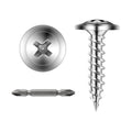 Stainless steel self-drilling screw with round head, drill tip, and bit slot