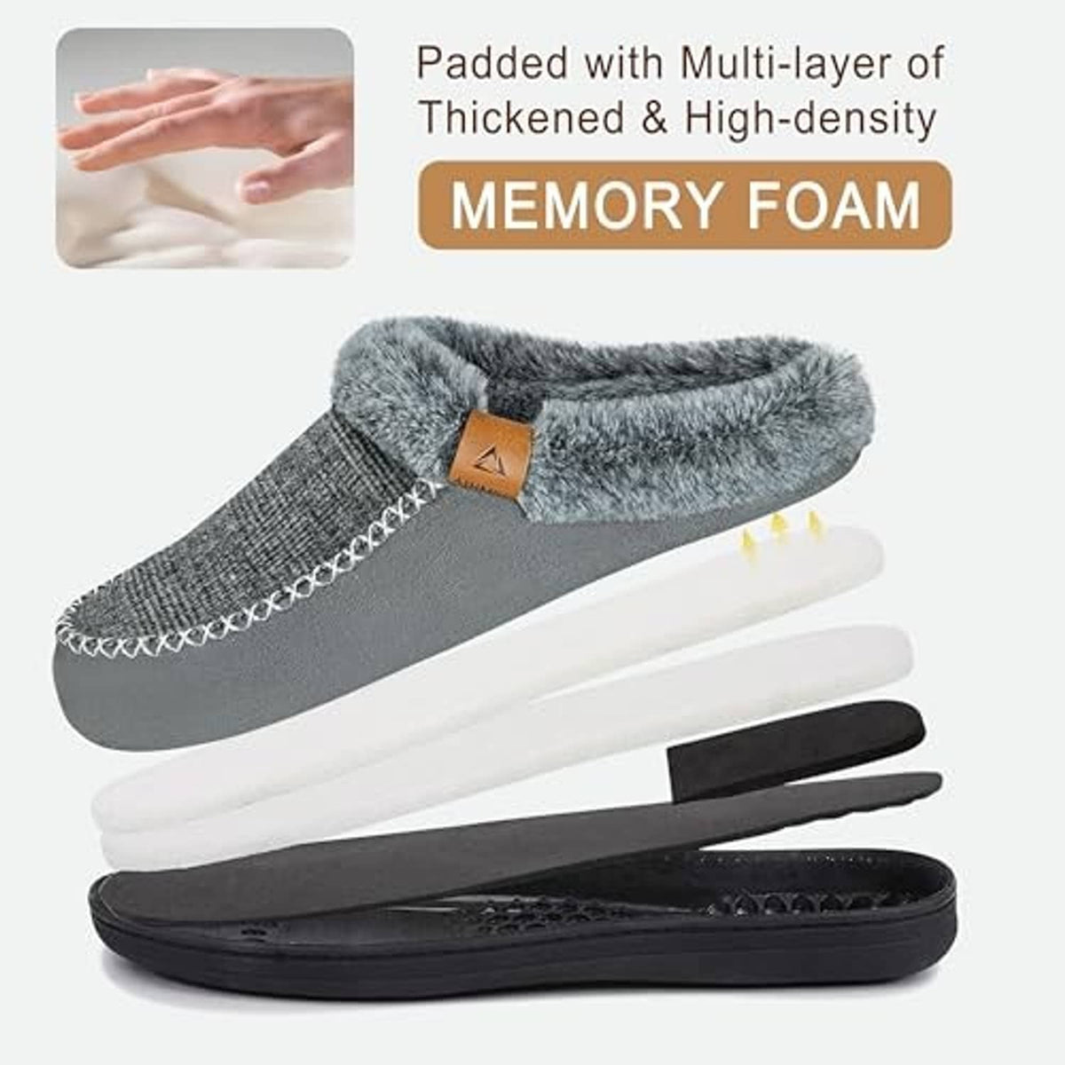 Grey slip-on moccasin slippers with thick padded sole and fuzzy collar, tan patch