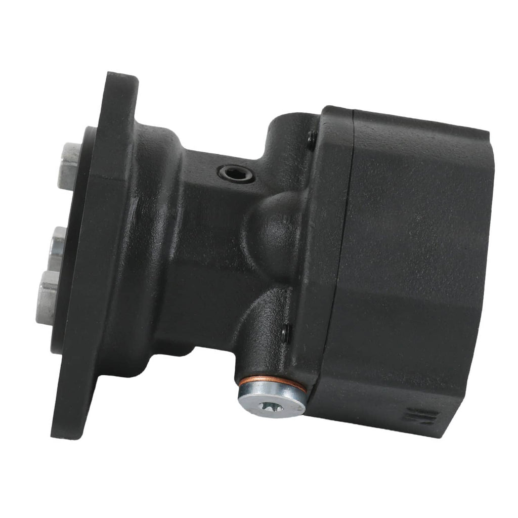 Fuel pump with side outlet and mounting holes, close-up angled view