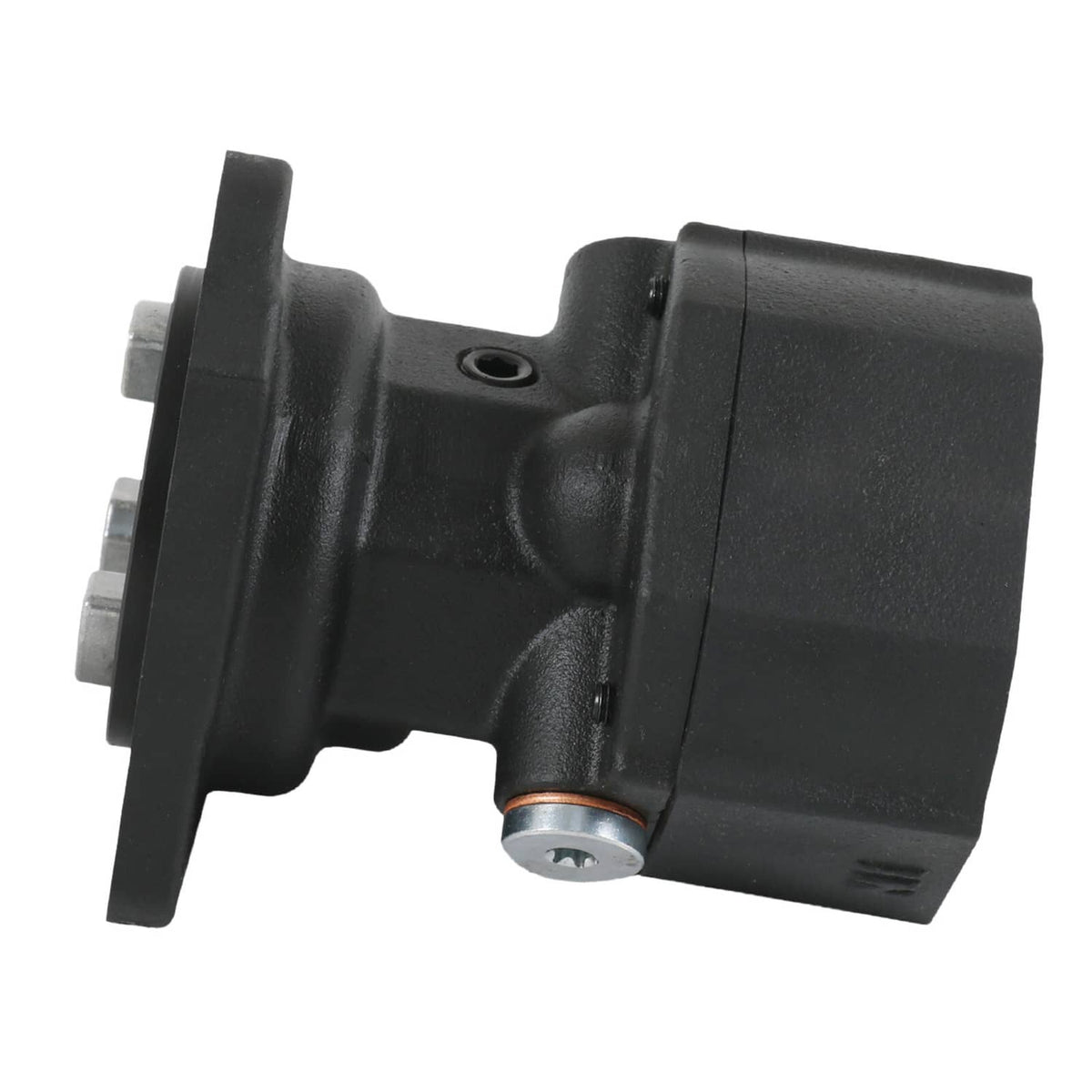 Fuel pump with side outlet and mounting holes, close-up angled view