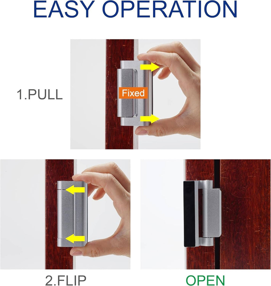Silver front door security lock latch, flip-and-open operation shown
