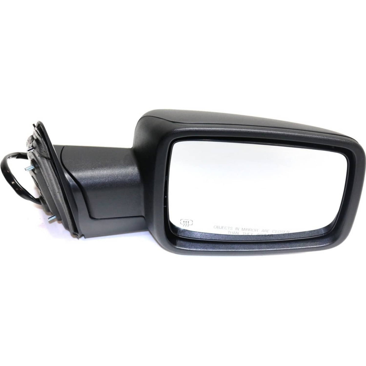 Black side mirror with clear glass and visible mounting bracket, three-quarter view.