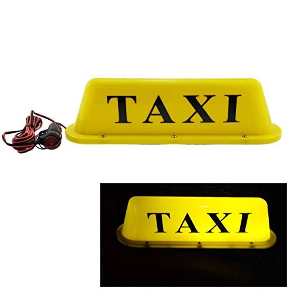 Yellow TAXI sign dome light with magnetic base, shows top and glow view