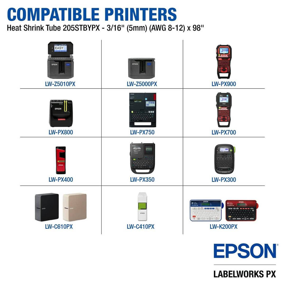 Heat shrink tube compatibility chart for Epson LabelWorks PX printers
