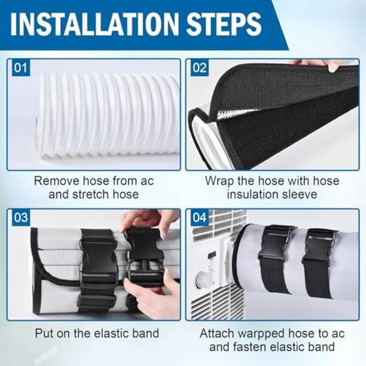 AC hose insulation sleeve with wide elastic bands for securing around an air hose