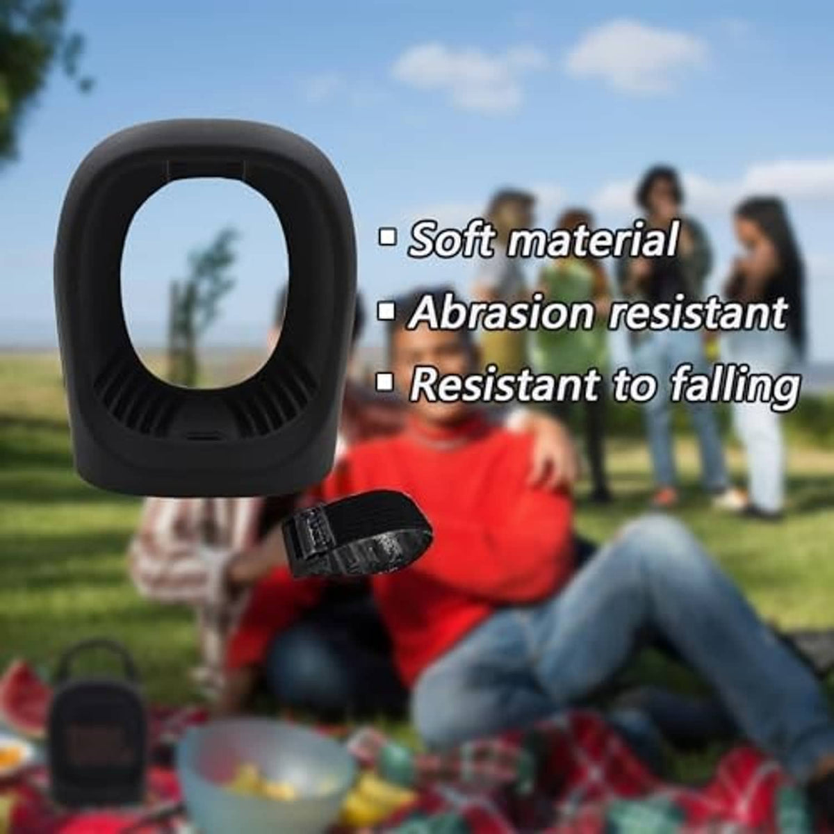 Black silicone speaker cover close-up with carrying handle and attached strap