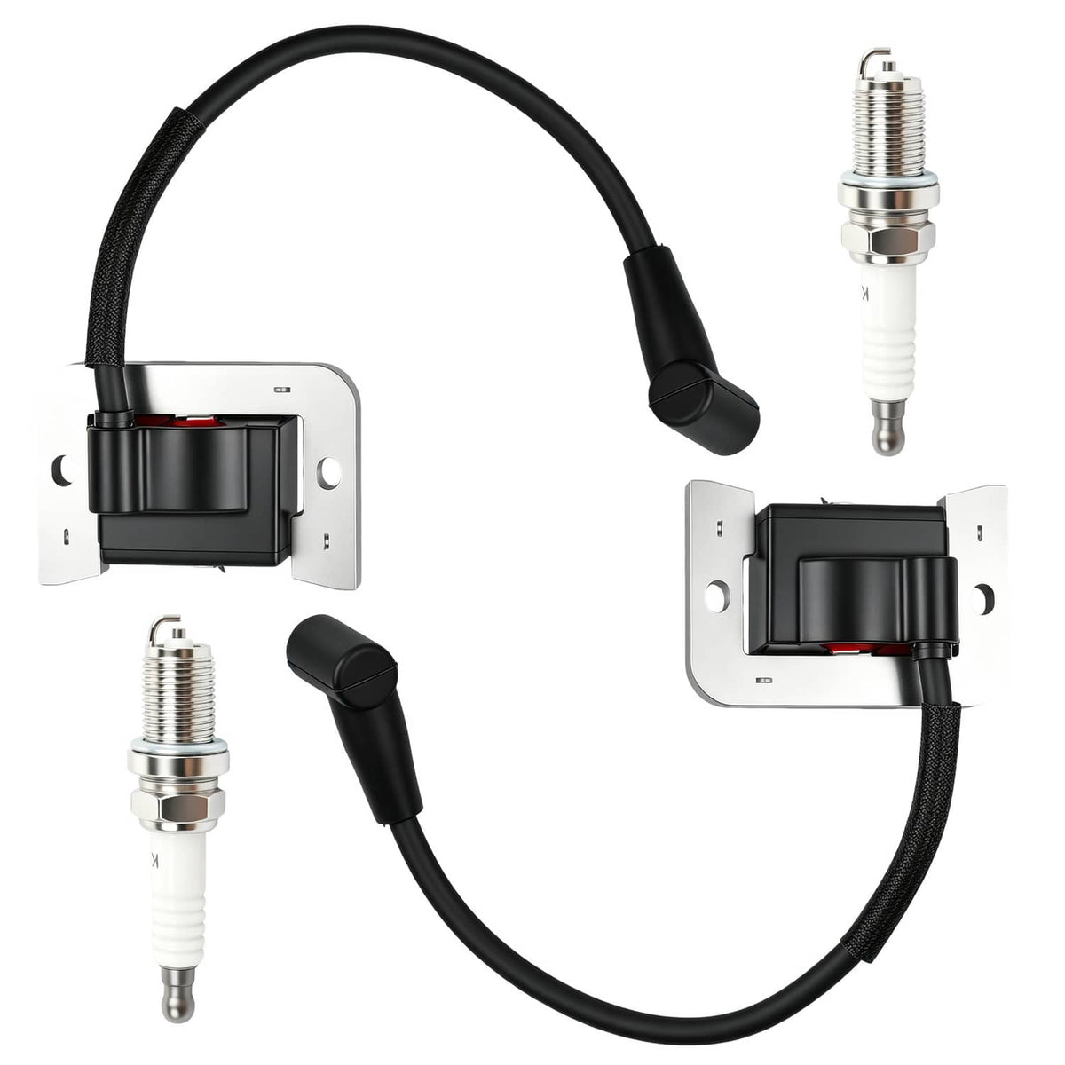 Ignition module with spark plug and black wire harness, two coil boots shown