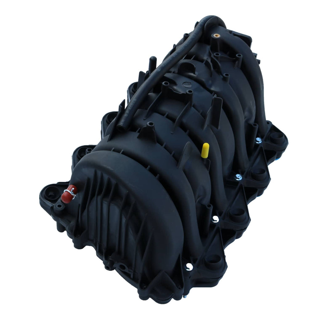 Intake manifold angled side view with black plastic cover and small yellow indicator
